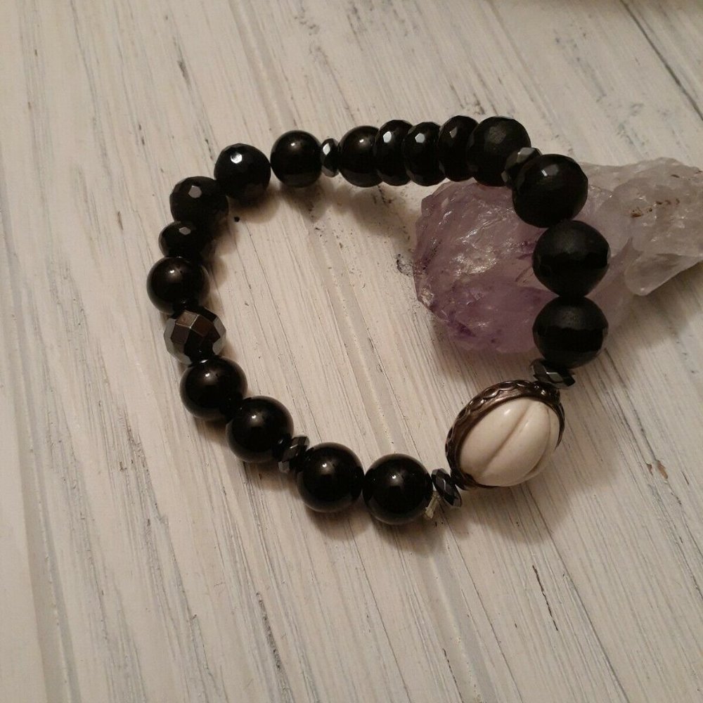 Silpada Retired Blackboard Agate Hematite Pyrite Stretch Bracelet B3169